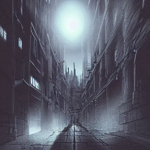 Prompt: futuristic evil city at dusk. figure is obscured by darkness with two bright, shining eyes peering out from the shadows of an alley. cgartist