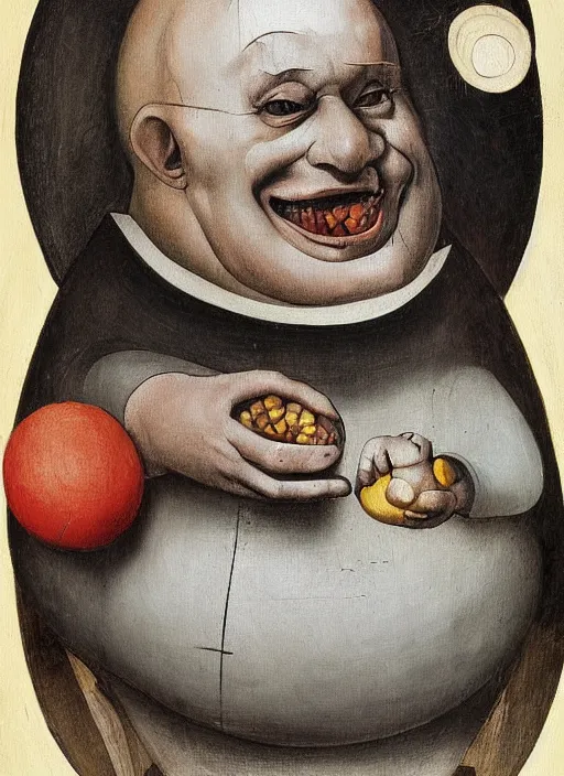 Image similar to full body detailed painting of silly round humpty dumpty with jack black facial expression, realistic, hieronymus bosch