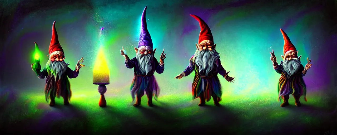 Image similar to whimsical bifrost alchemical gnomes, surreal dark uncanny painting by ronny khalil