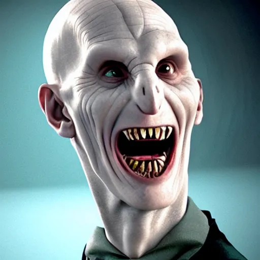 Prompt: Voldemort smiling with fangs while pump and dumping an nft collection, movie still, Photo manipulated by DALLE