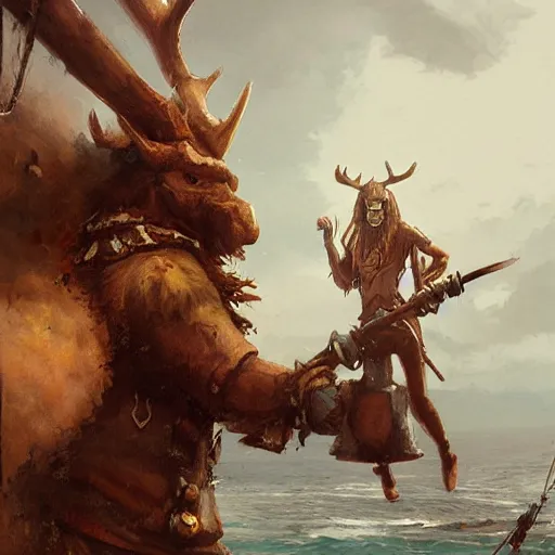 Image similar to anthropomorphic moose pirate humanoid by greg rutkowski, pirate ship, sea, fantasy