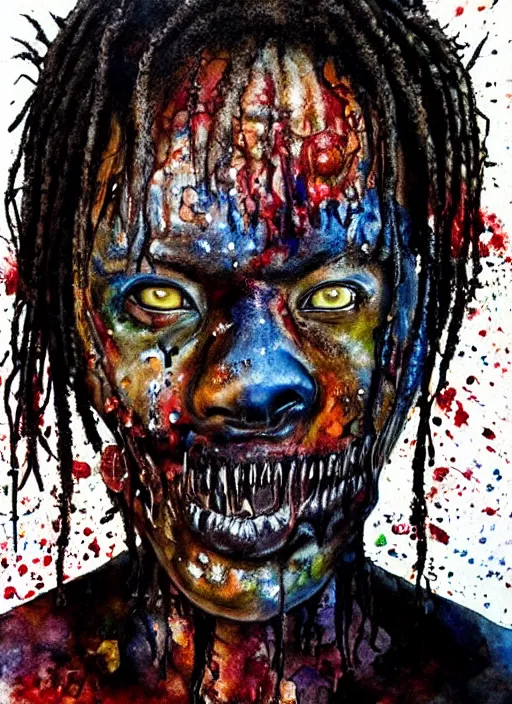 Image similar to african american zombie hollywood artwork professional acting headshot, hyperrealism, intricate detail, studio lighting, charming expression gesicht, hauntingly beautiful zombie, watercolor art, epic, legendary, drawn and painted, colored layers, dulled contrast, exquisite fine art, splatterpaint