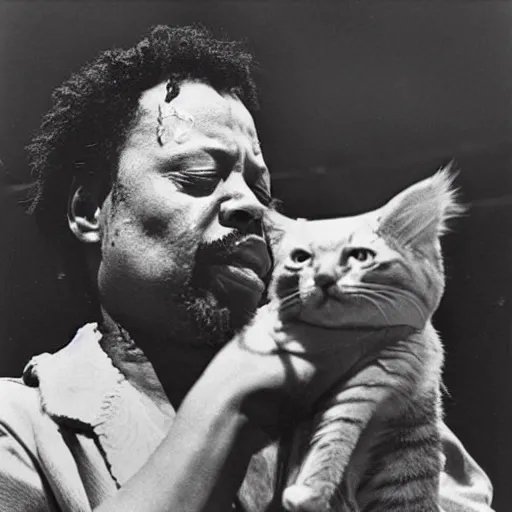 Image similar to wet glistening charles mingus holding a cat over his head on stage, professional, black and white