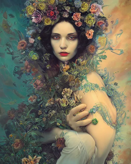 Image similar to portrait of the spanish queen of the underworld, surrounded by flowers by karol bak, james jean, tom bagshaw, rococo, sharp focus, trending on artstation, cinematic lighting, hyper realism, octane render, 8 k, hyper detailed.