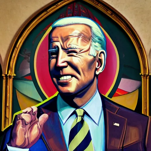 Image similar to a church mural depicting joe biden as a god, 4 k, highly detailed, painted by michelangelo