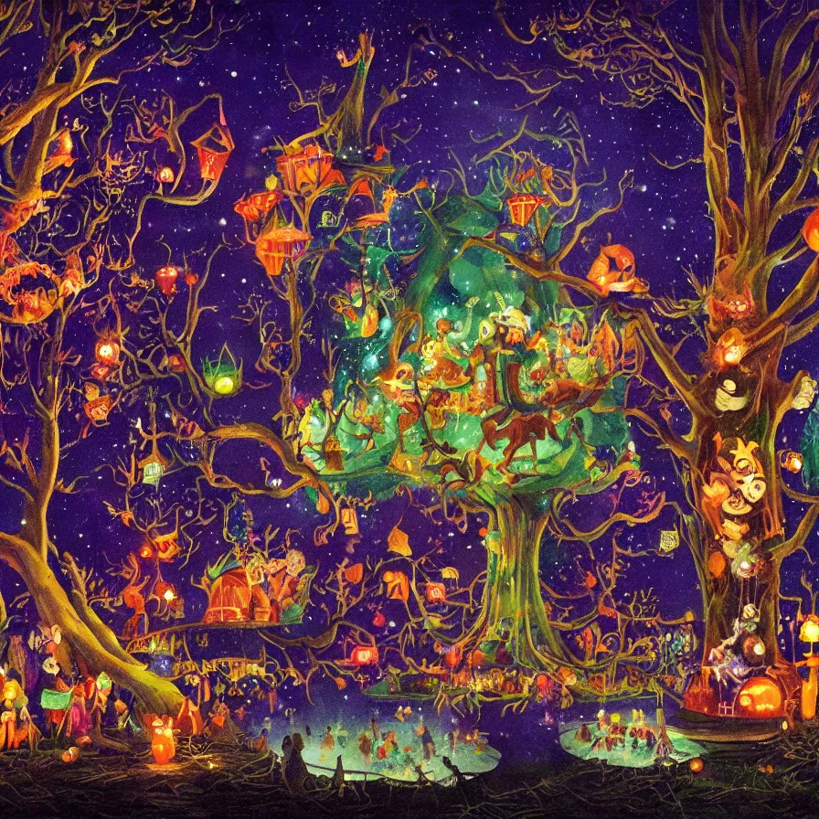 Image similar to closeup of a night carnival inside a magical tree cavity, with a surreal orange moonlight and fireworks, next to a lake with iridiscent water, christmas lights, folklore animals and people disguised as fantastic creatures in a magical forest by summer night, masterpiece painted by john watkiss, scene by night, dark night environment, refraction lights, glares