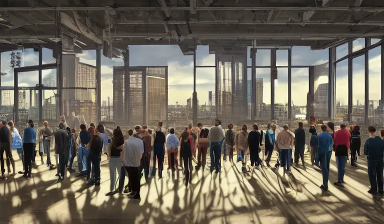 Prompt: large group people in simple warehouse, looking at hologram of futuristic downtown on a table, cinematic concept art, godrays, golden hour, natural sunlight, 4 k, clear details, tabletop model towers, center model towers, hologram center, crane shot, crane shot, crane shot, clear details, windows