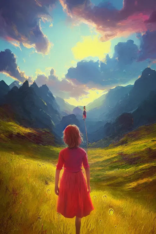 Image similar to giant daisy flower head, girl hiking in the mountains, surreal photography, sunrise, dramatic light, impressionist painting, colorful clouds, digital painting, artstation, simon stalenhag