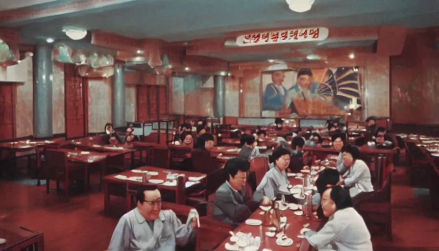 Image similar to 70s movie still of north-korean restaurant palace with kim il-sung portrait, eastmancolor, heavy grain, high quality, higly detailed