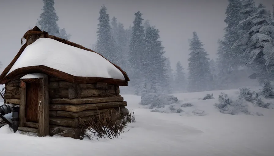 Prompt: Unreal Engine Survival Game in a cozy! warm small hut!!. Outside is a blizzard and Heavy Thick snow with Fog and Mist in a Beautiful dark Landscape, Distant Lights, Hyperrealistic, Hyperdetailed, Concept Art, High Snow