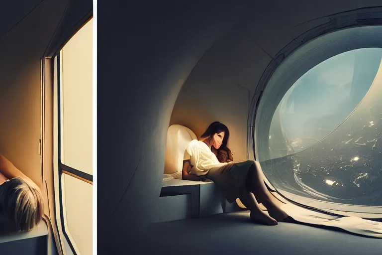 Prompt: fuji 5 0 r 3 5 mm, architectural studio magazine photography, woman sleeps in sci - fi spaceship interior, soft light, golden hour