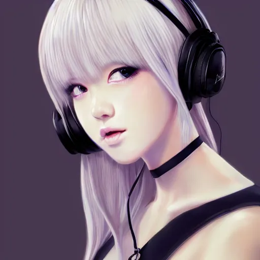 Image similar to realistic teasing detailed semirealism beautiful gorgeous cute Blackpink Lalisa Manoban white hair white cat ears blue eyes, wearing black camisole outfit, headphones, black leather choker full HD 4K high resolution quality WLOP, Aztodio, Taejune Kim, Guweiz, Pixiv, Instagram, Artstation