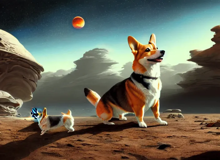 Image similar to highly detailed illustration of a corgi visiting an alien planet, artstation, cinematic lighting, hyperdetailed, cgsociety, 8k, high resolution, by Norman Rockwell, insanely detailed and intricate