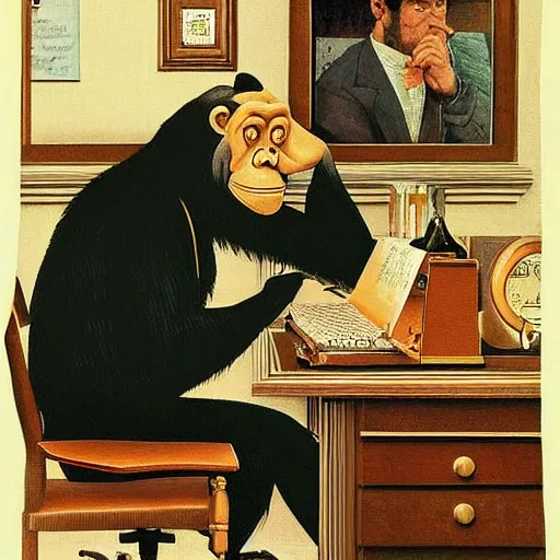 Prompt: a finely detailed painting of chimpanzee typing at a typewriter - there is a bottle of bourbon on the desk and a smouldering cigarette in the ashtray. In the style of norman rockwell