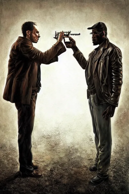 Image similar to a man in a brown leather jacket and a black man in a white shirt. in the style of of true detective fanfare. art by tomasz alen kopera and glenn fabry.