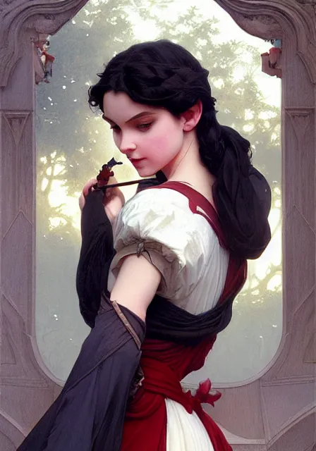 Image similar to snow white, intricate, elegant, highly detailed, digital painting, artstation, concept art, smooth, sharp focus, illustration, art by artgerm and greg rutkowski and alphonse mucha and william - adolphe bouguereau