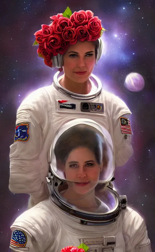 Image similar to astronaut in space with a rose flower crown, sharp focus, intricate, elegant, digital painting, artstation, matte, highly detailed, concept art, illustration, volumetric lighting, bokeh light, art by greg olsen and liz lemon swindle