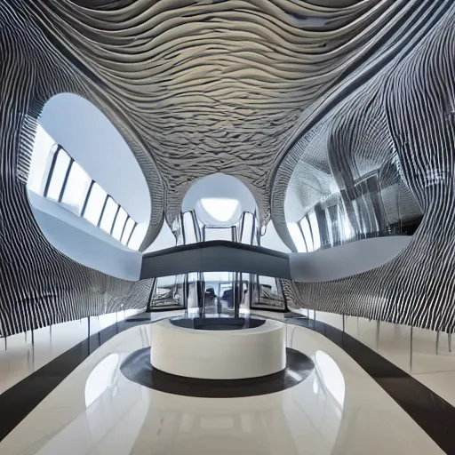 Image similar to extremely detailed ornate stunning beautiful futuristic museum lobby interior by Zaha Hadid