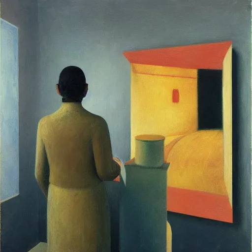 Image similar to an impasto painting by shaun tan of an abstract sculpture by the caretaker and edward hopper