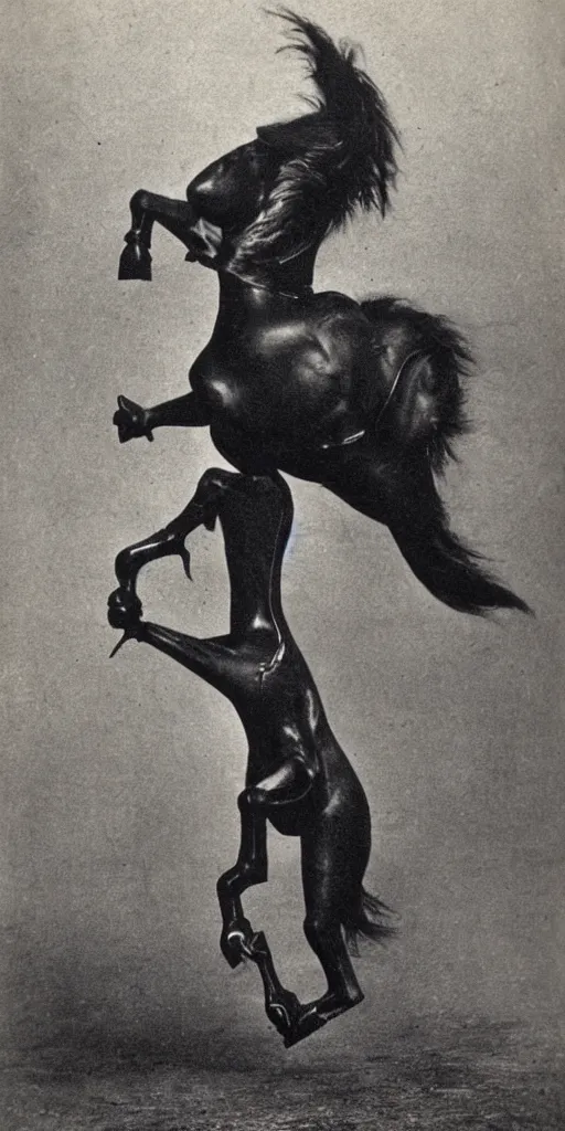 Prompt: [ [ t rex ] ] and a horse with leg high heels, walk, movement, soft, black and white, photograph, 1 8 5 0 s