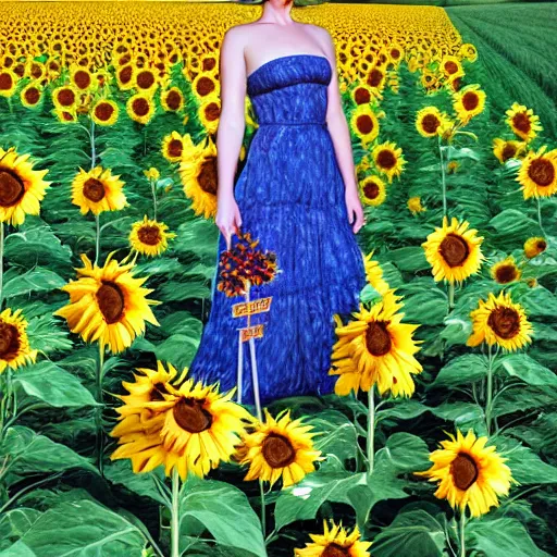 Prompt: Jennifer Lawrence in a field of sunflower holding a magic staff