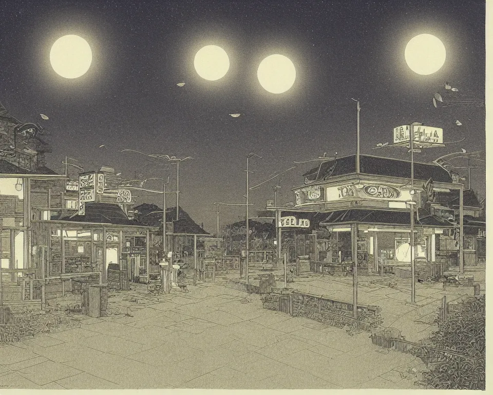 Prompt: achingly beautiful print of a Taco Bell drive through bathed in moonlight by Hasui Kawase and Lyonel Feininger.