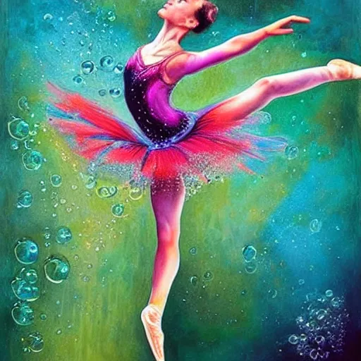 Image similar to a beautiful hyper - detailed painting of a beautiful underwater ballerina lyrical dancer, weightless, flowy, deep color, fine bubbles