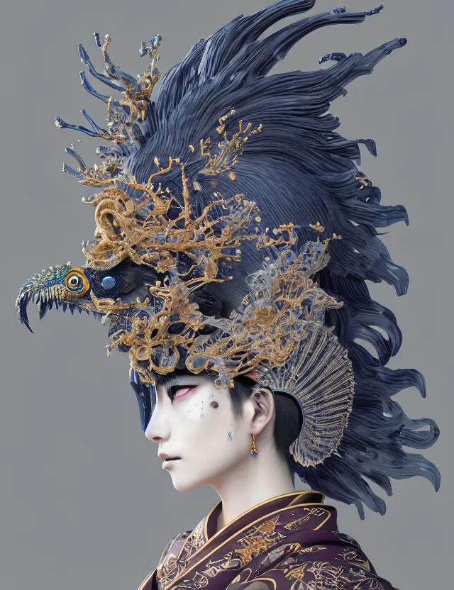 Prompt: 3 d goddess close - up profile portrait with crown, ram skull. beautiful intricately detailed japanese crow kitsune mask and clasical japanese kimono. betta fish, jellyfish phoenix, bio - luminescent, plasma, ice, water, wind, creature, artwork by tooth wu and wlop and beeple and greg rutkowski
