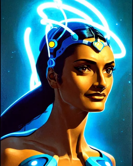 Prompt: symmetra from overwatch, blue rays of light, character portrait, portrait, close up, concept art, intricate details, highly detailed, vintage sci - fi poster, retro future, in the style of chris foss, rodger dean, moebius, michael whelan, and gustave dore