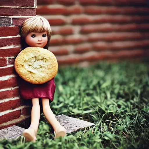 Image similar to plastic doll with giant realistic hands eating a cookie sitting on brick wall, garden background, sky, photo, hd