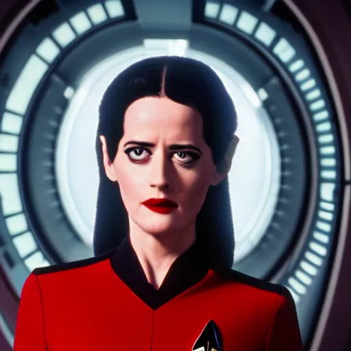 Image similar to a full body photograph of 3 0 year old eva green as a star fleet officer from star trek next generation, extreme realism and detail, 8 k, completely framed, direct lighting, 3 5 mm photo, photorealistic, sharp focus