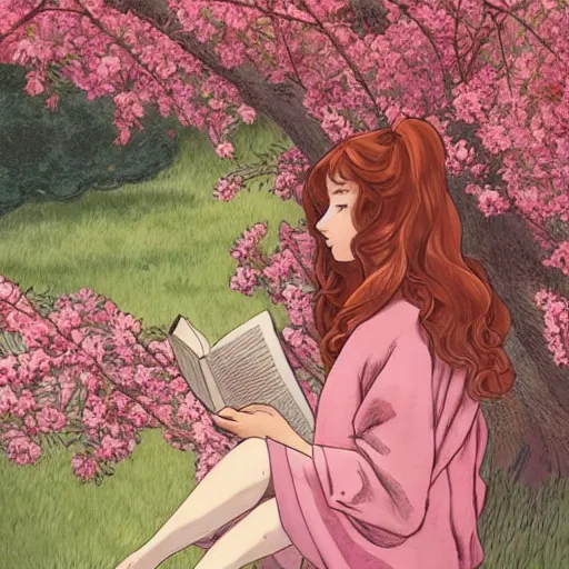 Image similar to beautiful ittle girl with long curly red hair dressed in a pink kimono and sitting next to a tree while reading a book, artwork made in western comic art style inspired in balthus and made in abyss, anatomically correct, higher details