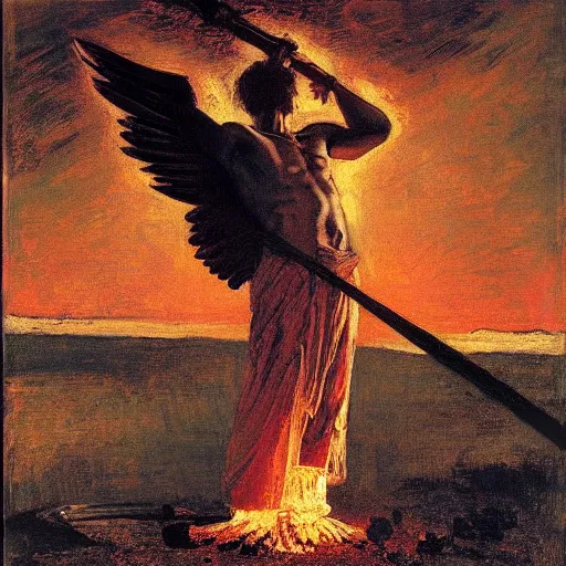 Prompt: thomas cowperthwait eakins, vibrant colors, archangel blonde hair glowing eyes holding a flaming sword, red sky, apocalypse, end of times, famine