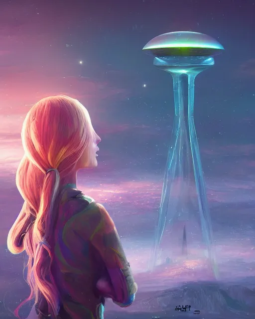 Prompt: portrait of perfect girl, beautiful landscape, highly detailed, pretty face, machine planet, alien utopia, glass obelisks, ufo in the sky, full of color, advanced technology, cinematic lighting, sharp focus, artstation, intricate, masterpiece, art by maria panfilova and dylan kowalski and huifeng huang