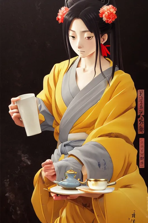 Image similar to baroque oil painting of anime key visual concept art of anime traditional japanese shinto priestess pouring a cup of tea gracefully, sat in seiza position, award winning, trending on artstation, palette knife! and brush strokes, oil on canvas, makoto shinkai greg rutkowski studio ghibli