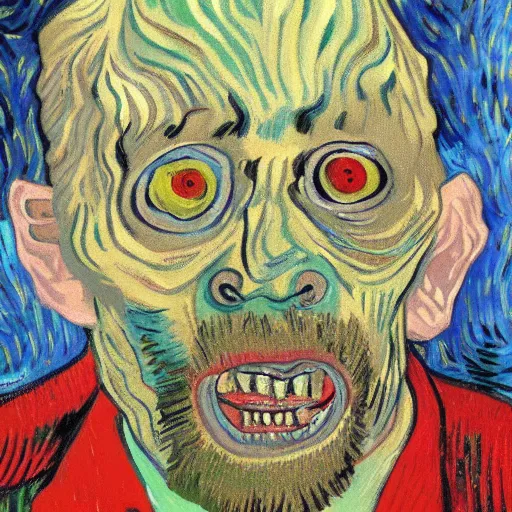 Image similar to painting of a man with insects in his eyes, bloody face, ugly teeth in van gogh style