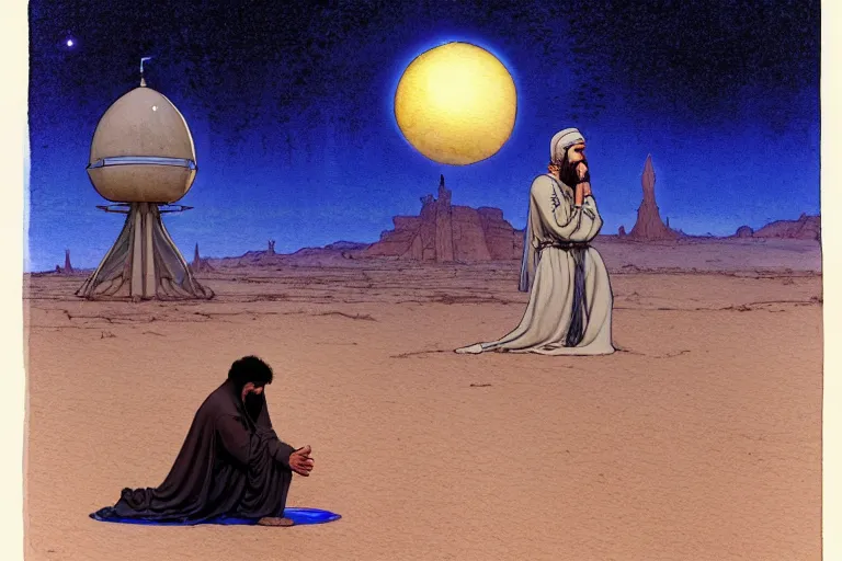 Image similar to a hyperrealist watercolour character concept art portrait of a middle eastern merchant kneeling down in prayer in front of an elegant alien with 1 2 eyes on a misty night in the desert. a ufo is in the background. by rebecca guay, michael kaluta, charles vess and jean moebius giraud