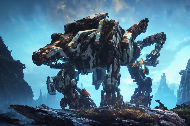 Image similar to tremortusk machine mecha animal beast robot of horizon forbidden west horizon zero dawn bioluminiscence global illumination ray tracing hdr fanart arstation by sung choi and eric pfeiffer and gabriel garza and casper konefal