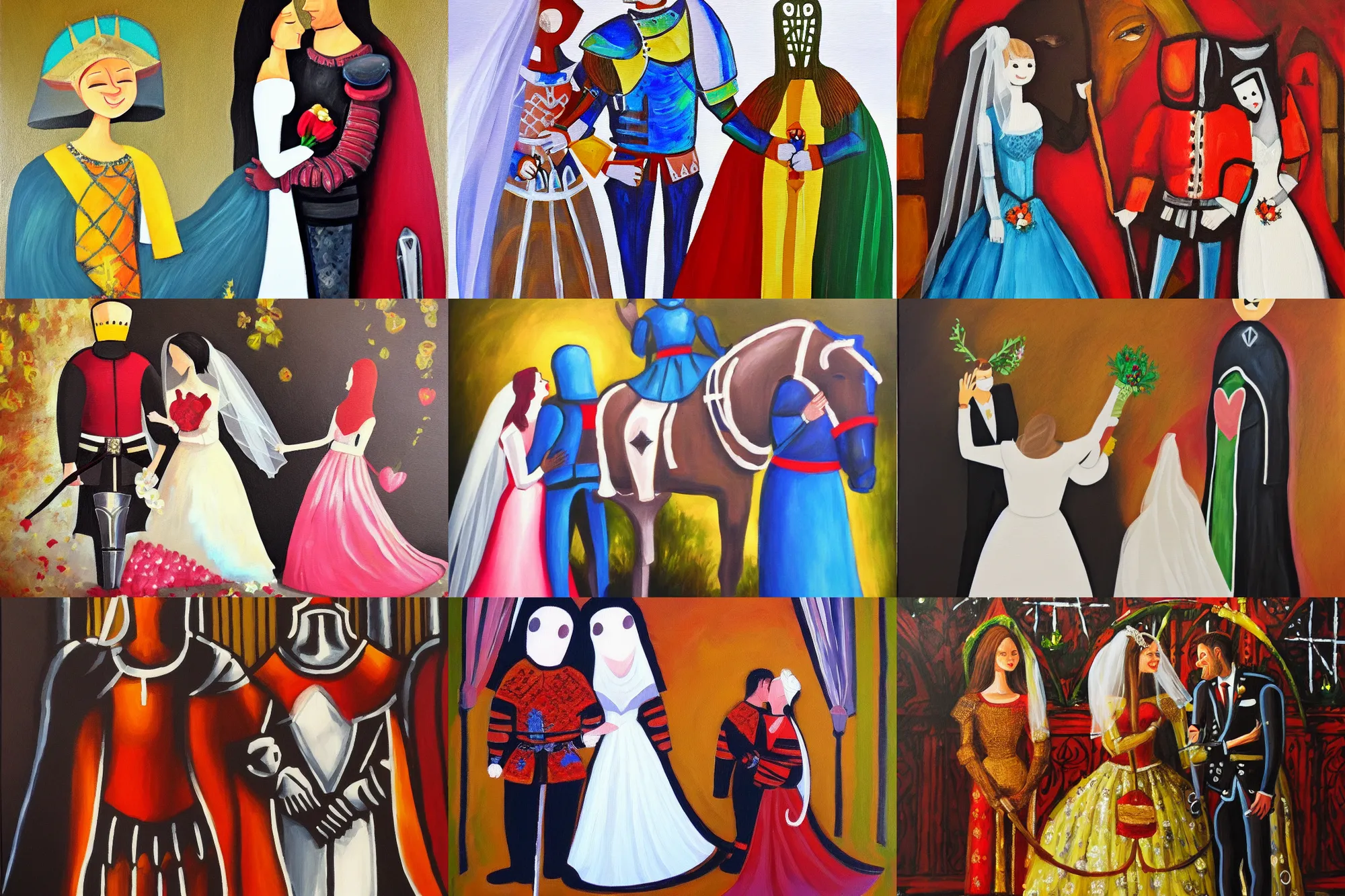 Prompt: Wedding of a Knight and His Lady, Acrylic Painting, realism, happiness