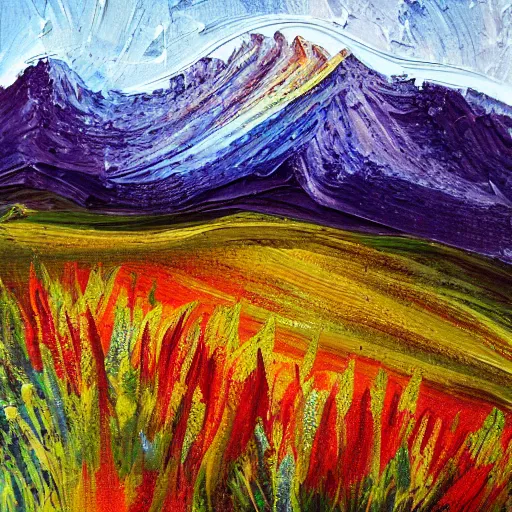 Image similar to thick impasto textured painting of a mountain side hill with wildflowers blooming