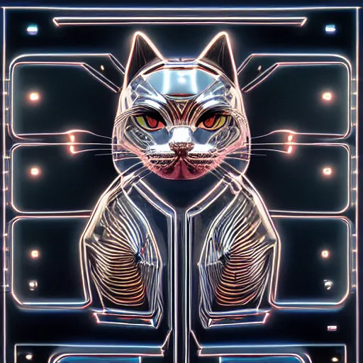 Image similar to chrome cat, glossy, metallic, neon, symmetrical, tribal patterns, realistic, unreal engine, octane, redshift, artstation, behance