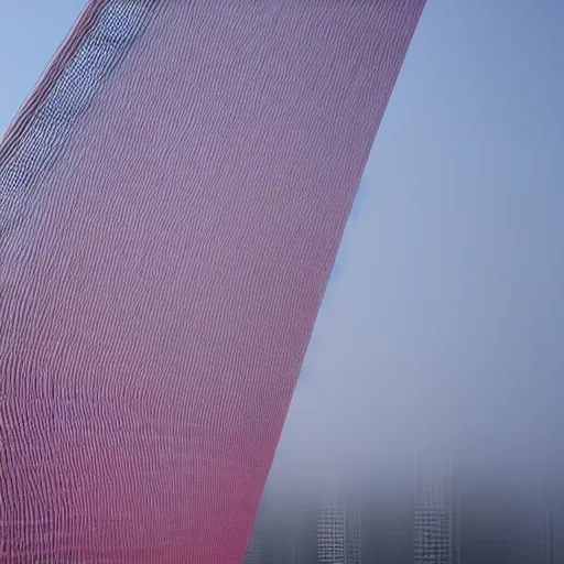 Prompt: parametric architecture, museum, concrete, facede fabric and mesh in faded pink, morning fog, tokyo in the background