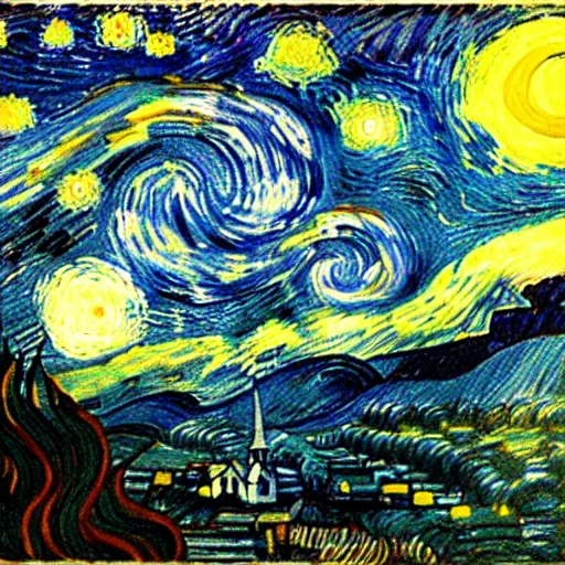 Image similar to “a foggy night in the style of starry night”