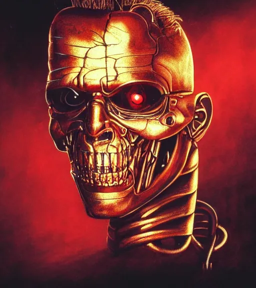 Image similar to profile picture of terminator with red eyes, surrounded by beams of light dark background by wayne barlow, stanley donwood, anton semenov, zdzislaw bekinski, hr giger, 8 k, fantasy, dark, highly detailed