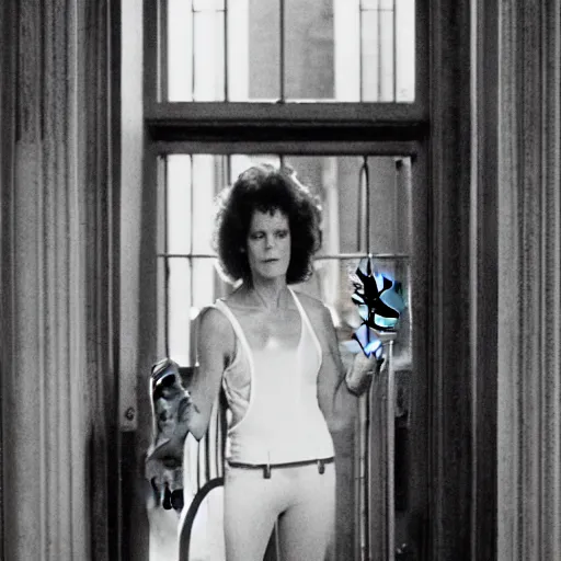 Image similar to detailed still of Sigourney Weaver wearing a white singlet and her cat moving apartment New York City 1983, gothic building entrance way Art Deco, cinematic feel, high octane