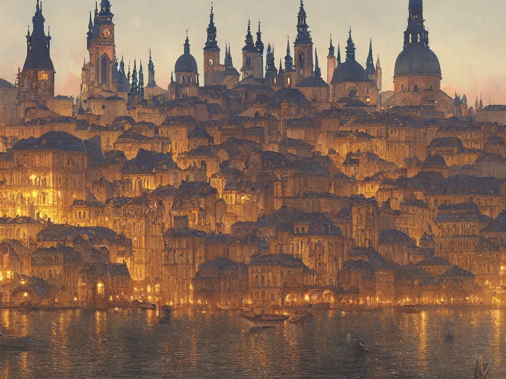Image similar to a view from the river of a city resembling prague, paris, and venice at dusk, intricate, elegant, highly detailed, digital painting, artstation, concept art, smooth, sharp focus, colored illustration for tattoo, art by krenz cushart and artem demura and alphonse mucha,