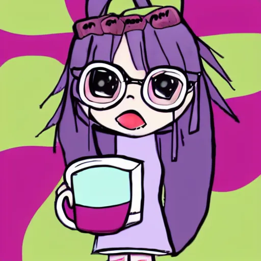 Prompt: Chibi rendition of an Egirl that loves coffee, has a Coffeemonster as an imaginary friend, has purple hair, wears glasses, there is a banner that says 'Zawesomesauce