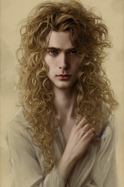 Prompt: beautiful cottagecore pale blond androgynous young man Lucius , long fluffy curly blond hair, pale skin, innocent, intricate, elegant, highly detailed, digital painting, artstation, concept art, smooth, sharp focus, illustration, art by artgerm and greg rutkowski and alphonse mucha