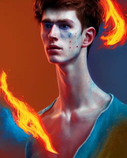 Image similar to a hyper real portrait painting of tall, thin, 1 5 - year - old boy with a long nose, a lot of freckles, fiery red hair, and bright blue eyes, 4 k, 8 k, d & d concept art, unreal 5, daz, hyperrealistic, octane render, cosplay, rpg portrait, dynamic lighting