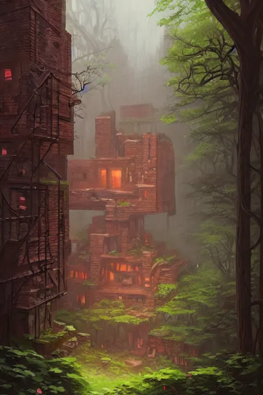 Prompt: (((((a ramshackle manhattan brick brownstone deep in the forest))))) by Andreas Rocha!!!!!!!!!!!!!!!!!!!!!!!!!!!